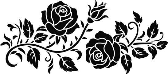 Black Silhouette of Rose Garland with Leaves white background