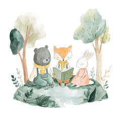 Charming watercolor illustration of a fox reading a book to a bear and rabbit in the forest, perfect for nursery art and children’s stories.
