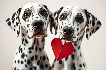 Two Dalmatians in studio on white background, one holding a red broken paper heart, symbolizing love and separation.
