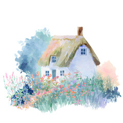Charming watercolor illustration of a countryside cottage surrounded by colorful wildflowers, perfect for greeting cards, wall art, and rustic designs.
