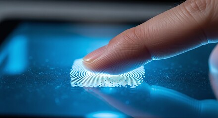 A close-up of a finger pressing on a digital fingerprint scanner. The scanner emits a blue light, highlighting the fingerprint pattern.