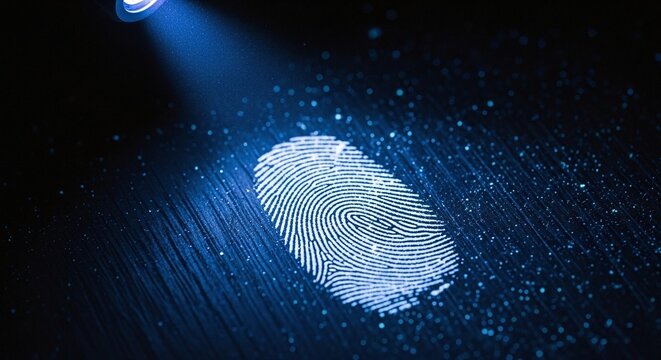 A digital fingerprint illuminated by a blue light. The fingerprint is clear and detailed, set against a dark background with a subtle texture.