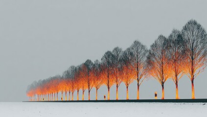 A row of bare winter trees, illuminated with warm orange light, stands on a snow-covered field.  A light mist hangs in the air, creating a soft, ethereal atmosphere