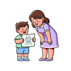 A delighted child proudly displays his artwork to an encouraging mother figure, celebrating imagination and the special connection of sharing creative moments