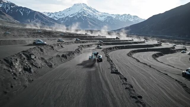 Drivers push their limits on a dusty track surrounded by majestic mountains. Excitement fills the air as vehicles drift and leave clouds of dust, showcasing skill and speed.
