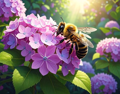 Honeybee on a vibrant hydrangea cluster bathed in sunlight
