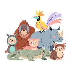 Naklejka premium Collection of cartoon jungle animals including orangutan, rhino, monkey, lizard, and exotic bird illustration