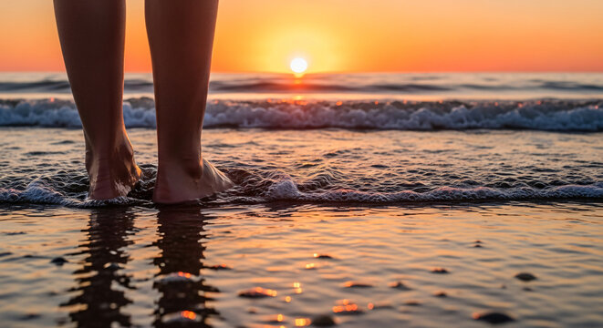 Bare feet in the surf at sunset on a beach.