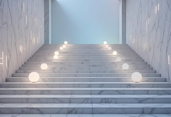 Elegant White Marble Staircase with Glowing Spherical Lamps