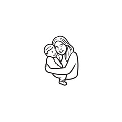 Black and white line art of a beautiful mother lovingly embracing her baby minimalist tender illustration
