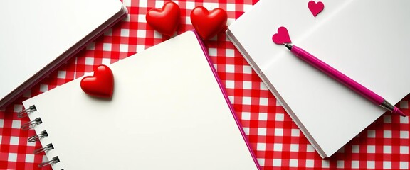 Blank sketchbook, pen, hearts on red and white gingham background, paper, background