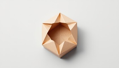 Handcrafted paper origami container, showcasing geometric folds and an inviting open space on a neutral background