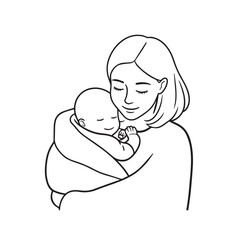 Black and white line art of a beautiful mother lovingly embracing her baby minimalist tender illustration
