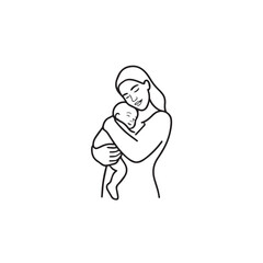 Black and white line art of a beautiful mother lovingly embracing her baby minimalist tender illustration

