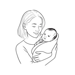 Black and white line art of a beautiful mother lovingly embracing her baby minimalist tender illustration
