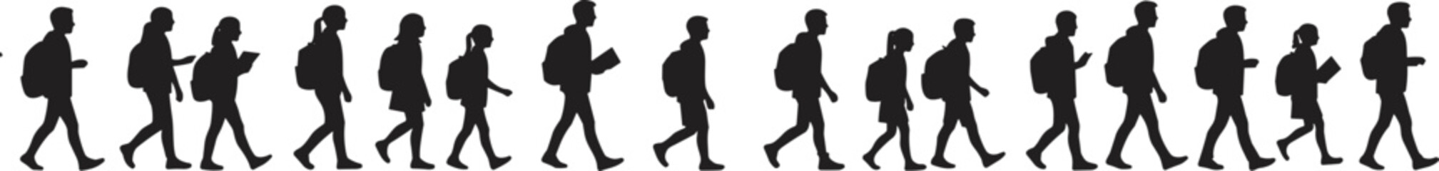 Silhouette sequence of person walking with backpack, multiple stride positions, human motion study, pedestrian movement, travel concept, animation reference