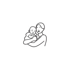 Black and white line art of a beautiful mother lovingly embracing her baby minimalist tender illustration
