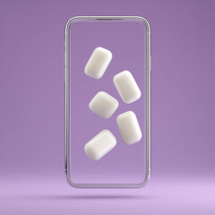 3D rendered smartphone with floating gum pieces in white and silver, representing digital freshness and mobile app with copy space