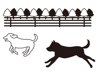 ドッグランで走る犬のモノクロイラスト