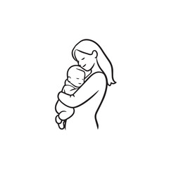 Black and white line art of a beautiful mother lovingly embracing her baby minimalist tender illustration
