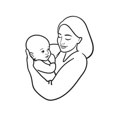 Black and white line art of a beautiful mother lovingly embracing her baby minimalist tender illustration
