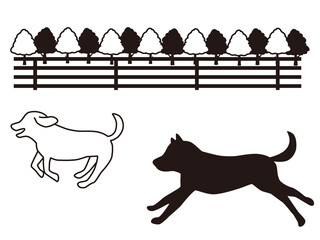 ドッグランで走る犬のモノクロイラスト