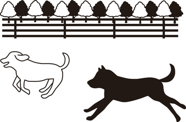 ドッグランで走る犬のモノクロイラスト