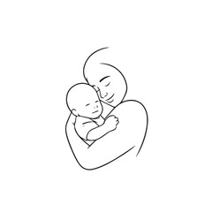 Black and white line art of a beautiful mother lovingly embracing her baby minimalist tender illustration
