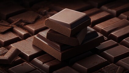 Stack of dark chocolate bars with texture food sweet