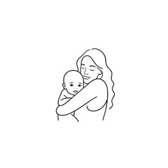 Black and white line art of a beautiful mother lovingly embracing her baby minimalist tender illustration
