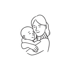 Black and white line art of a beautiful mother lovingly embracing her baby minimalist tender illustration
