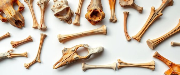 Clean, white background showcasing various animal bones,  anatomy,  phalanges