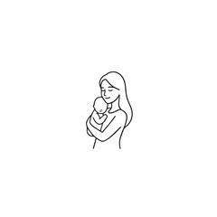Black and white line art of a beautiful mother lovingly embracing her baby minimalist tender illustration
