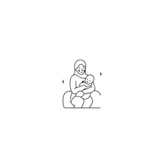 Black and white line art of a beautiful mother lovingly embracing her baby minimalist tender illustration
