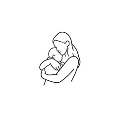 Black and white line art of a beautiful mother lovingly embracing her baby minimalist tender illustration
