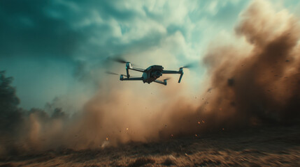 Fototapeta premium A military drone flying in the sky, with dark smoke and dust in the background, depicting a war scene.