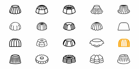 Collection of twenty pudding and gelatin dessert icons in various shapes and styles on a white background