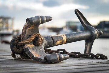 A weathered boat anchor rests on a wooden dock, showcasing its robust construction and nautical history.