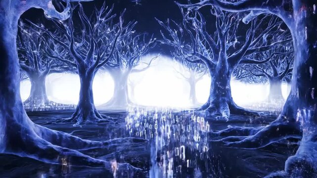 In a serene forest, trees pulse with energy as binary codes cascade from the branches. The light grows brighter, revealing enchanting connections in the dusk.