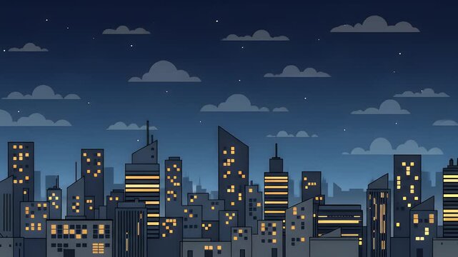 Animated cityscape at night, featuring illuminated buildings under a starry sky, with clouds.