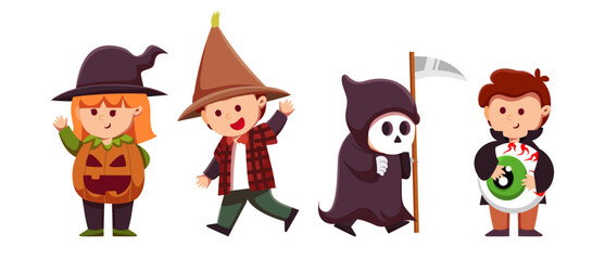 Obraz premium Adorable children in Halloween costumes celebrating trick or treating fun holiday with scary pumpkin, ghost, witch