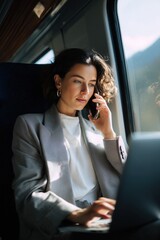 A businesswoman sitting in a train, working on a laptop while talking on a mobile phone.