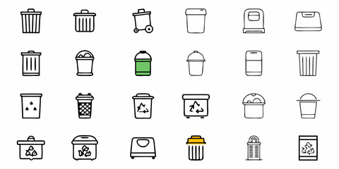 Fototapeta premium Collection of twenty one different trash can and bin icons with various styles and shapes in black outline