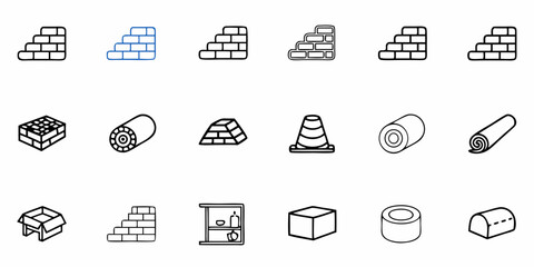 Illustration of various construction and household items including bricks rolls and containers shown in black outline