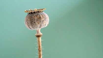 Dried poppy seed pod against teal background