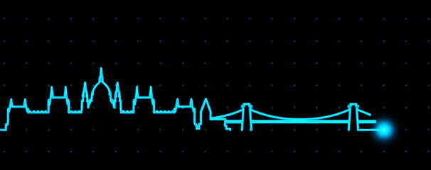 Neon city skyline and suspension bridge graphic blue