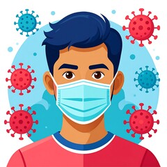 Man wearing a face mask surrounded by virus graphic