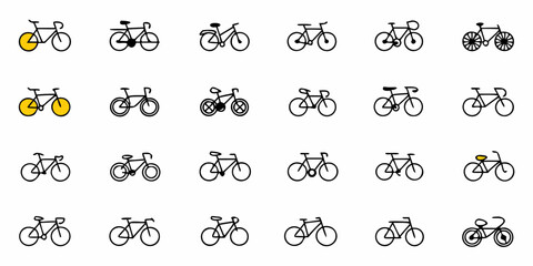 Collection of twenty one bicycle illustrations with various styles and wheel types in black outline