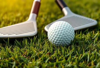 Close-up of golf clubs and golf ball on green grass, wedge, tournament