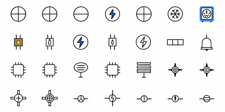 Illustration of various electrical and electronic symbols including circuit elements and safety equipment